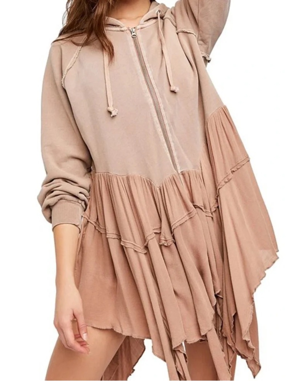 Free People Taupe Two-Tone Hooded Zip Tiered Dress Sweater
